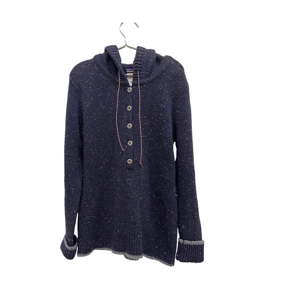 Patagonia Knit Hoodie Women XL Navy Blue Excellent Merino Wool Donegal Henley